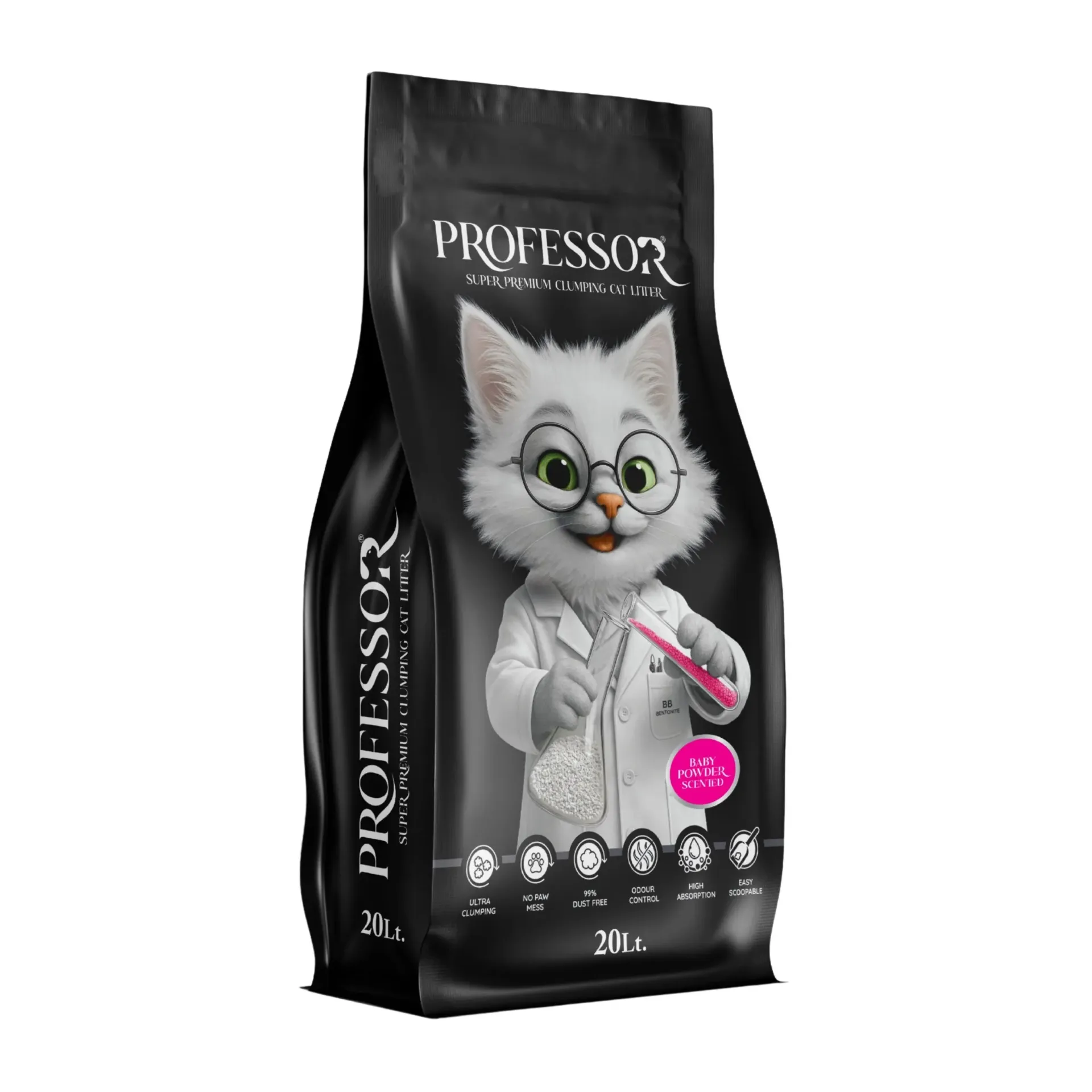 Professor White Bentonite Clumping Cat Litter – Baby Powder – 20L