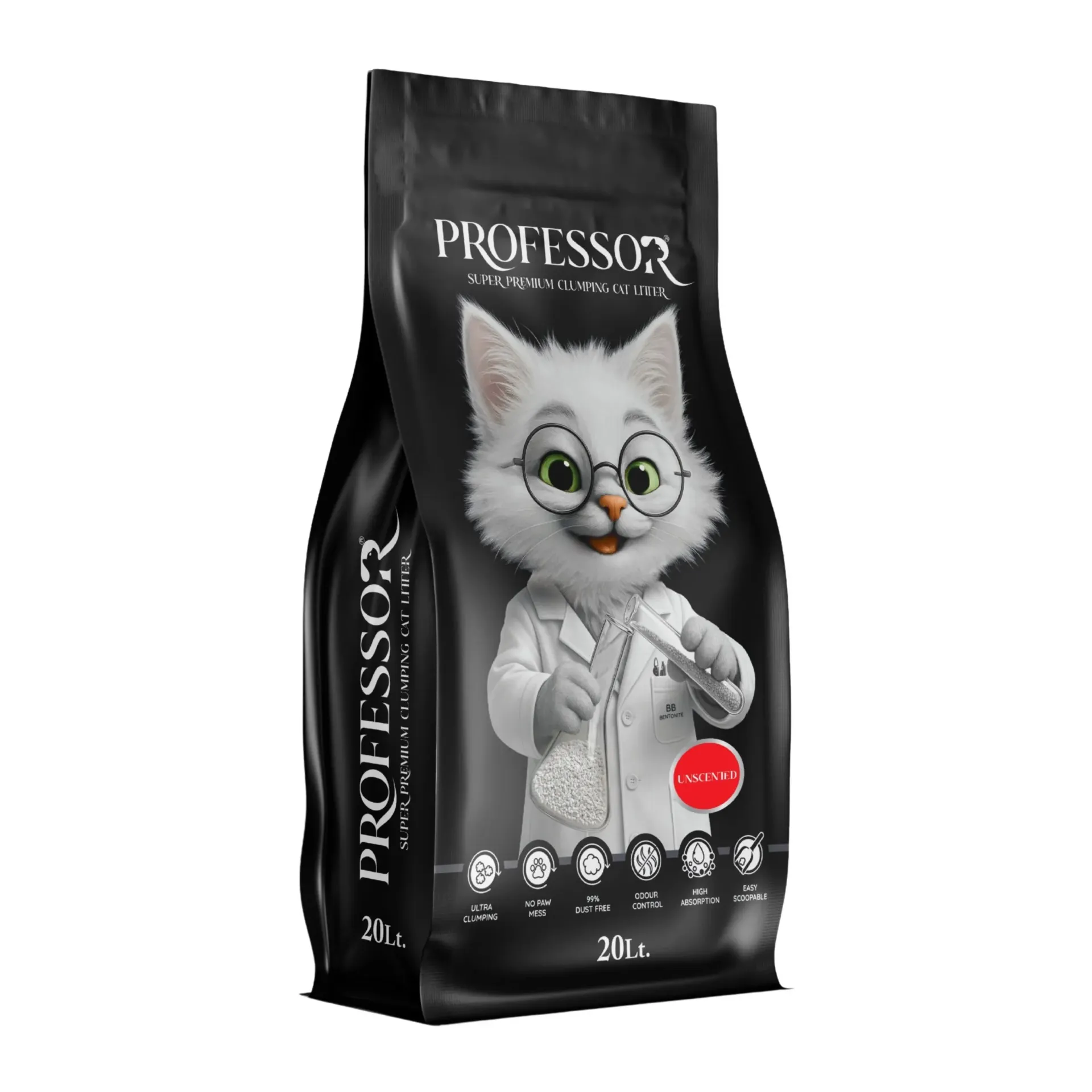 Professor White Bentonite Clumping Cat Litter – Unscented – 20L